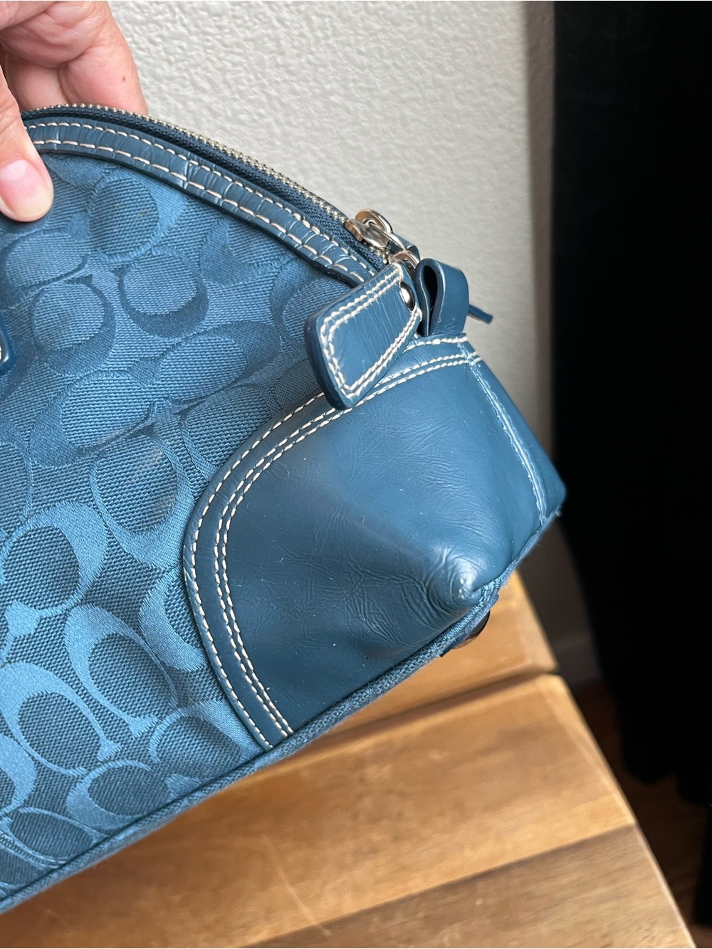Coach Teal Signature Jacquard Satchel with Front Turn-Lock - Picture 5 of 16